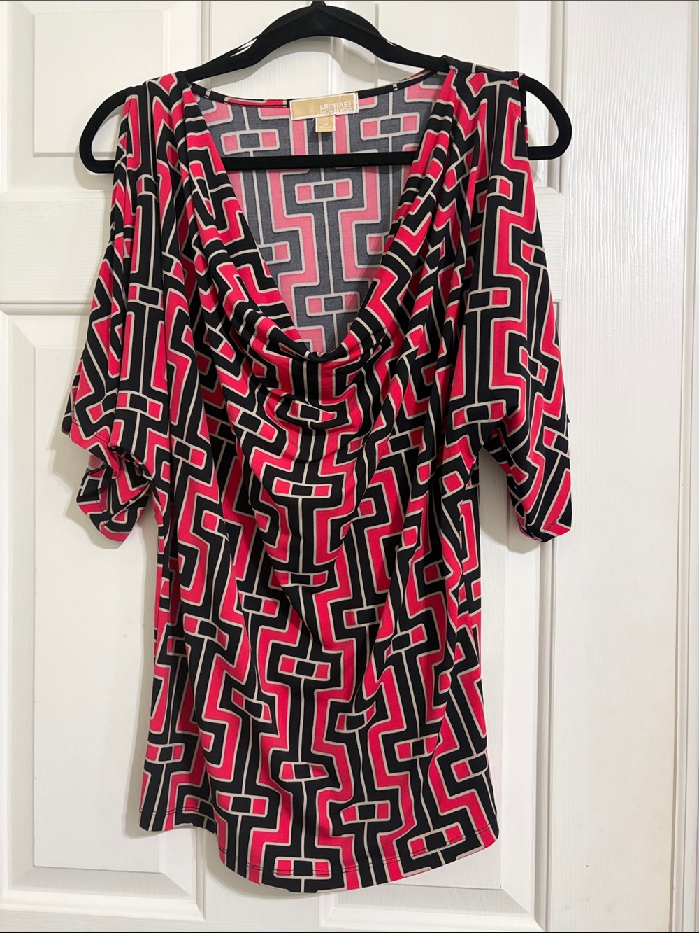 Michael Kors Pink and Black Geometric Cold-Shoulder Cowl Top